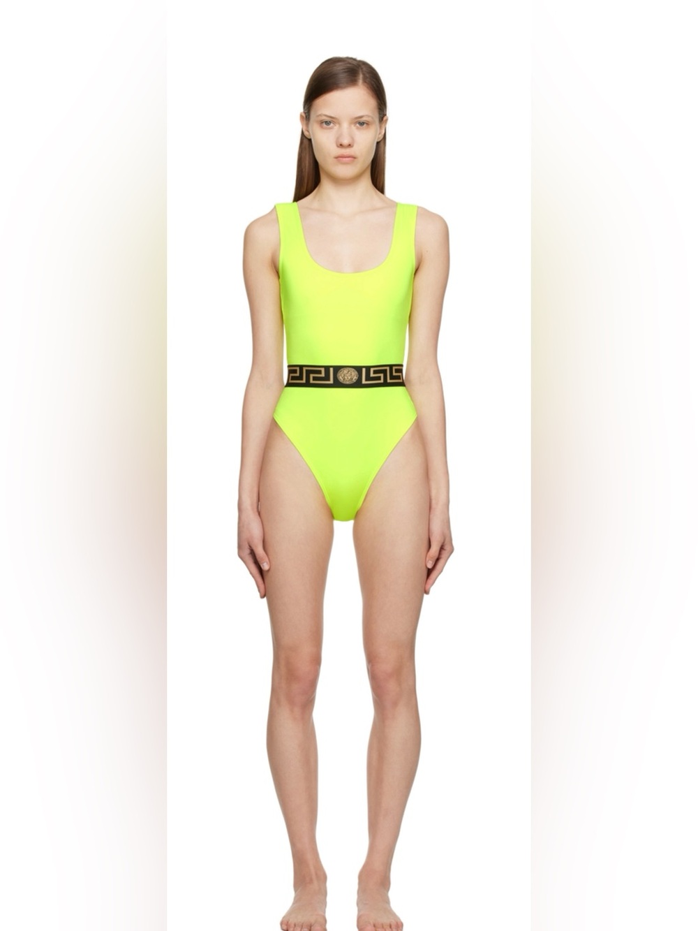 Versace Neon Lime Scoop-Back One-Piece Swimsuit with Logo Waistband. Size 2.